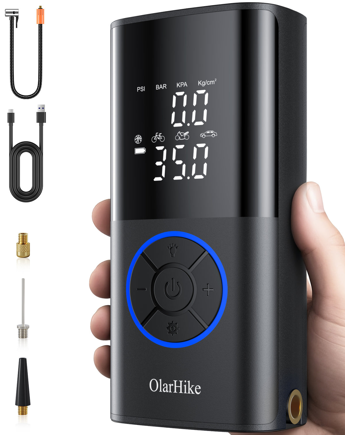 OlarHike Mini Tire Inflator Portable Air Compressor, 5200mAh Battery Powered, 160PSI Auto Air Pump for Car Tires, Motorcycle, Bicycle, Electric Pump with LED Light & Digital Pressure Gauge - aborderproducts