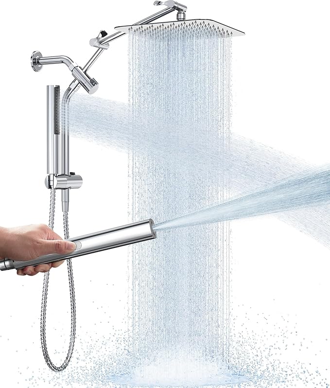 Veken All Metal 10" Shower Head with Handheld, Luxurious Square Double Rain Shower Heads with Spray Combo, Dual High Pressure Detachable Rainfall Showerhead with Extension Arm, Long Hose,Chrome,Sliver
