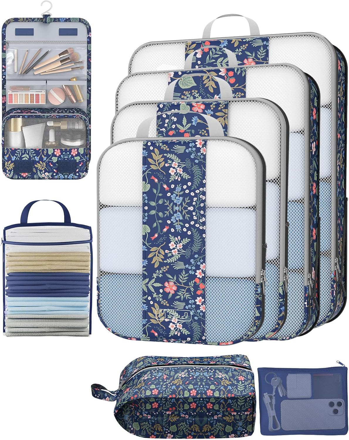 OlarHike | Compression Packing Cubes | 8 Set | Dark Blue Floral - aborderproducts