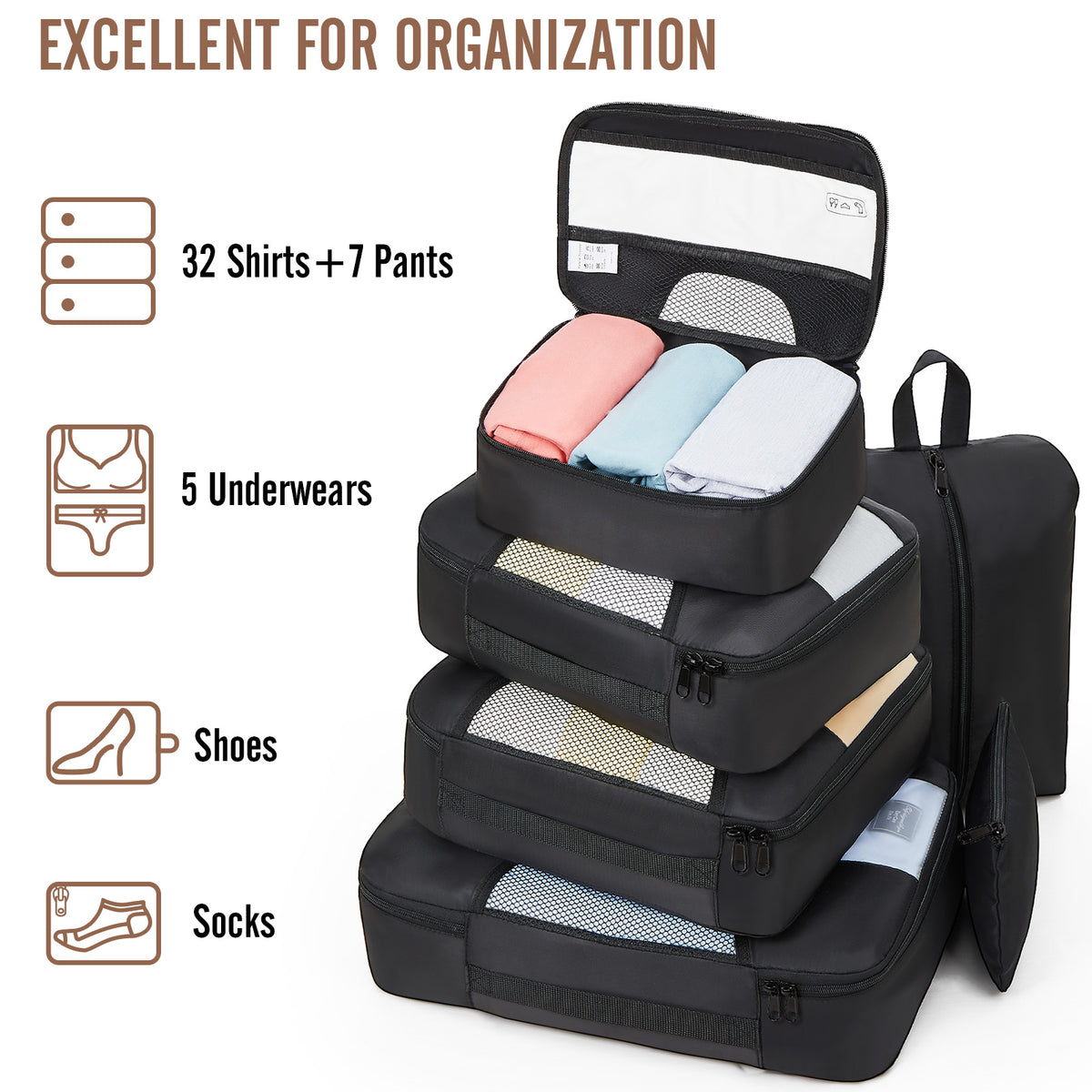 Veken | Packing Cubes | 8 Set | Black - aborderproducts