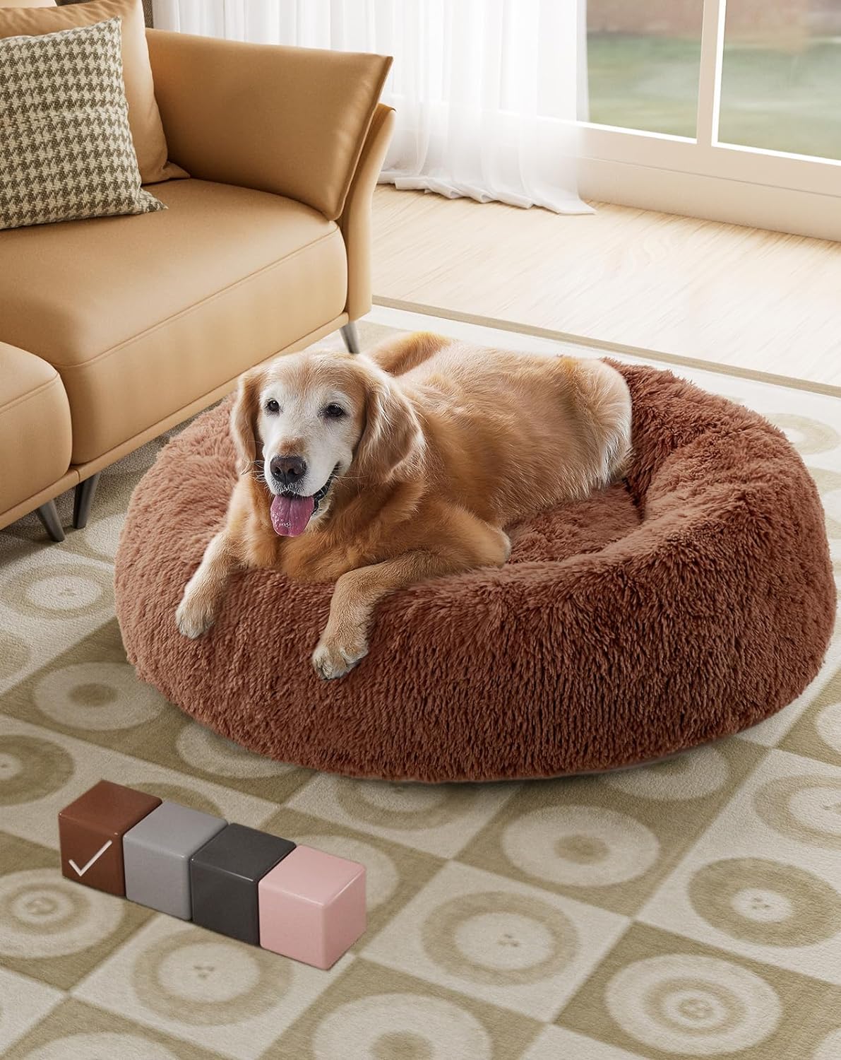 Calming Donut Bed for Dogs and Cats| X-Large (36 x 36 x 8 Inch)|Ocher|OhGeni - aborderproducts