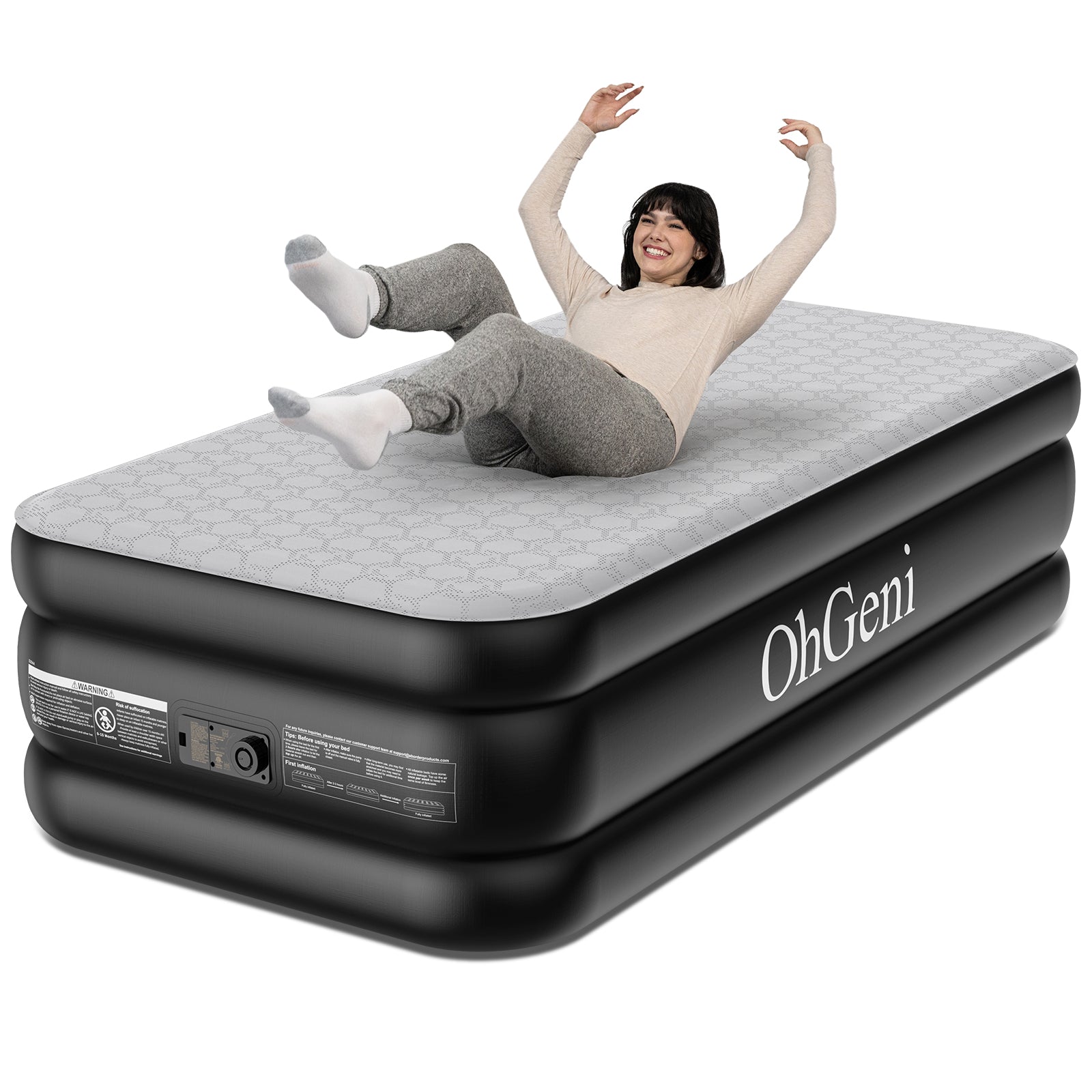 OhGeni | Air Mattress with Silk Foam Topper | Twin | 18"  | Black - aborderproducts