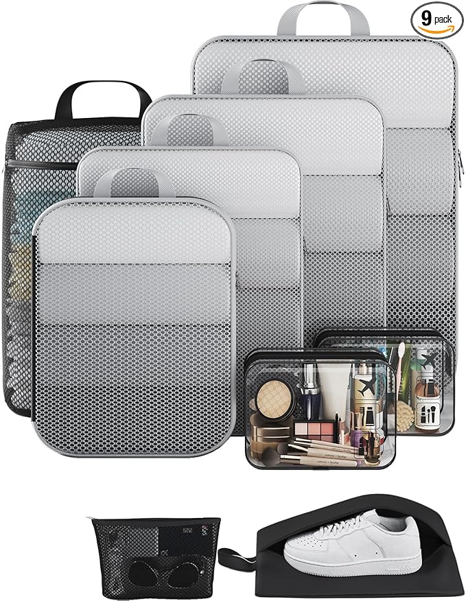 Veken 9/11 Set Compression Packing Cubes for Travel Essentials,Compressible Expandable Large Luggage Suitcase Organizer Bags for Clothing,Durable Space Saver Storage Bags with Toiletry Bags(Black) - aborderproducts