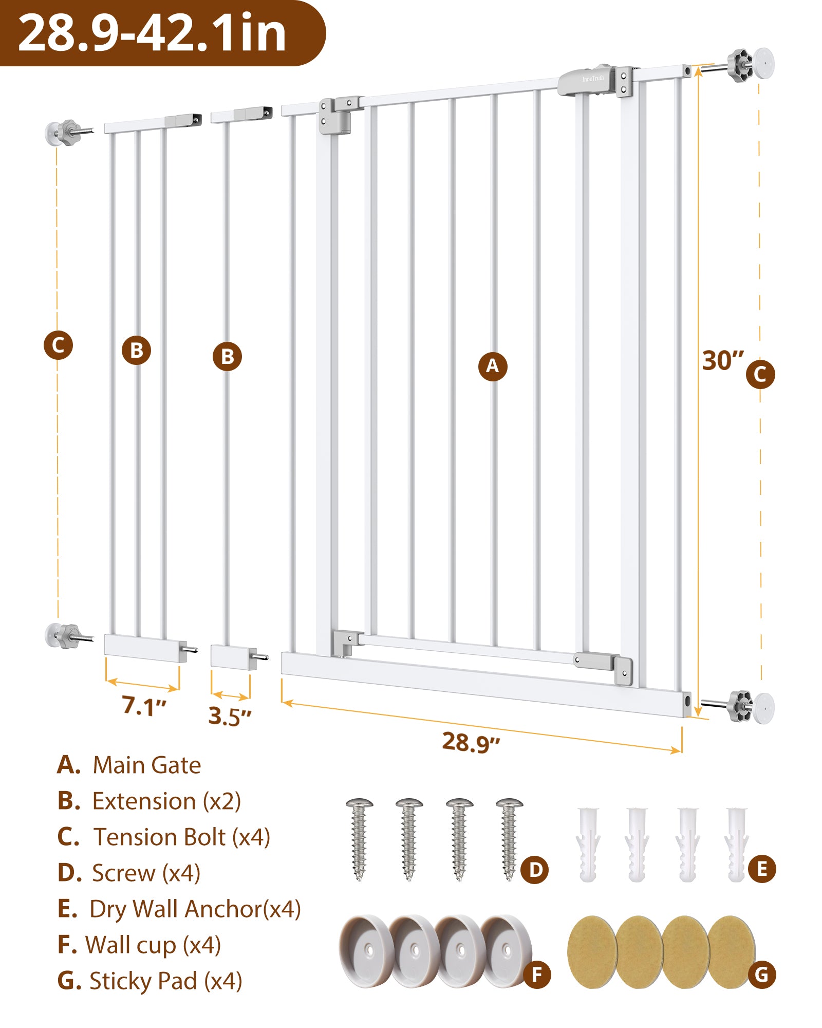 Baby Gate Extra Tall | 28.9” to 42.1” | White | InnoTruth - aborderproducts