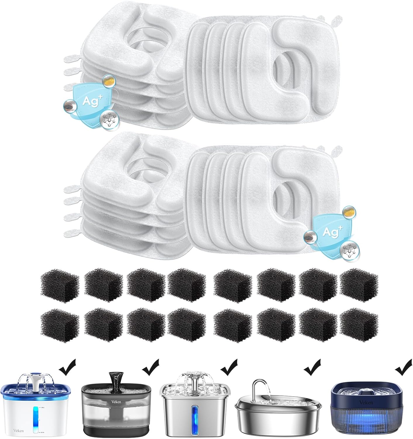 Veken Cat Water Fountain Filters | 16 Pack Replacement Filters + 16 Pack Replacement Pre-Filter Sponges Set - aborderproducts