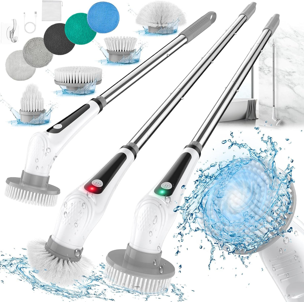VEKEN ELECTRIC SPIN SCRUBBER, 9 REPLACEABLE BRUSH HEADS| White - aborderproducts