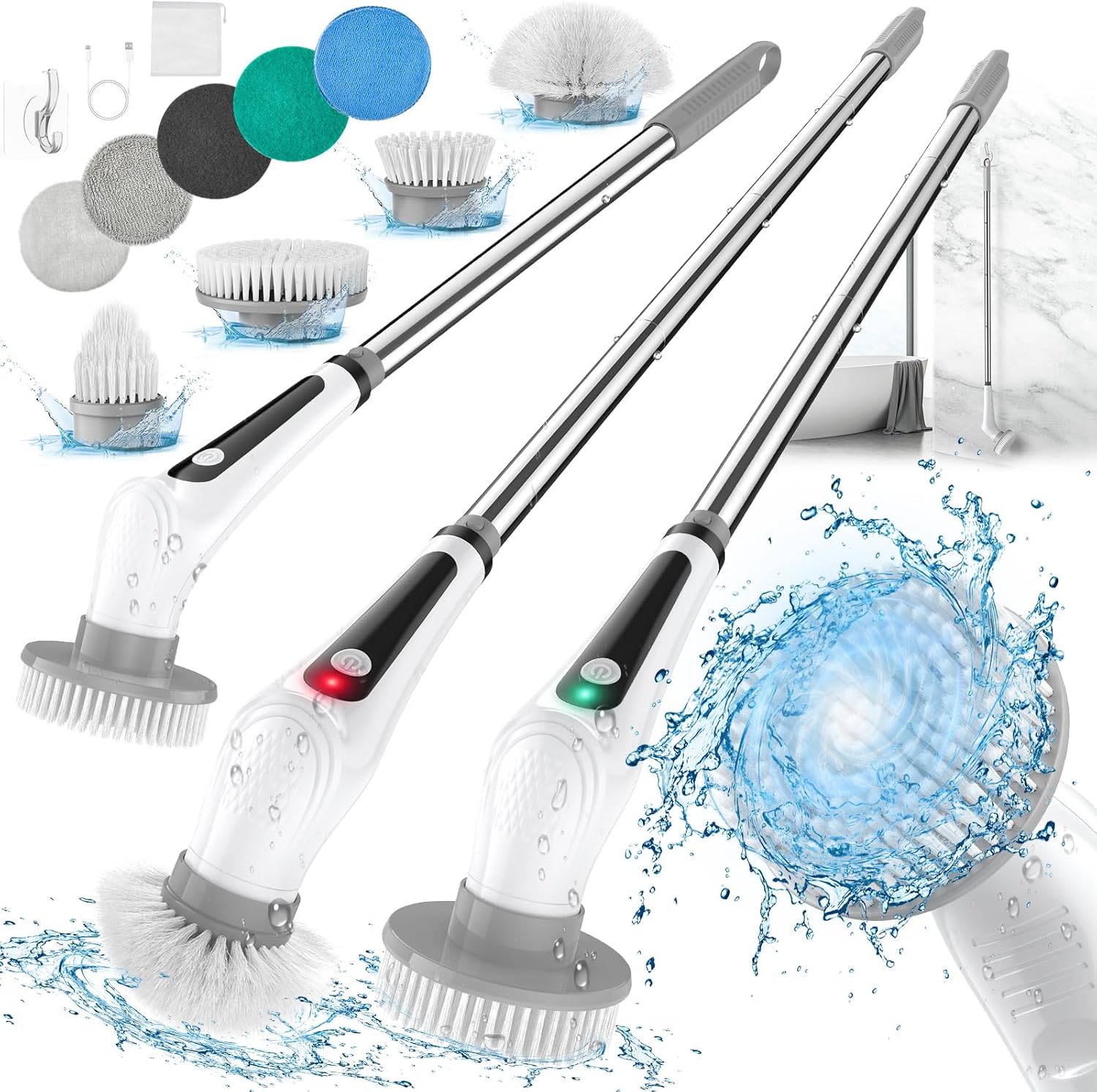VEKEN ELECTRIC SPIN SCRUBBER, 9 REPLACEABLE BRUSH HEADS| White - aborderproducts