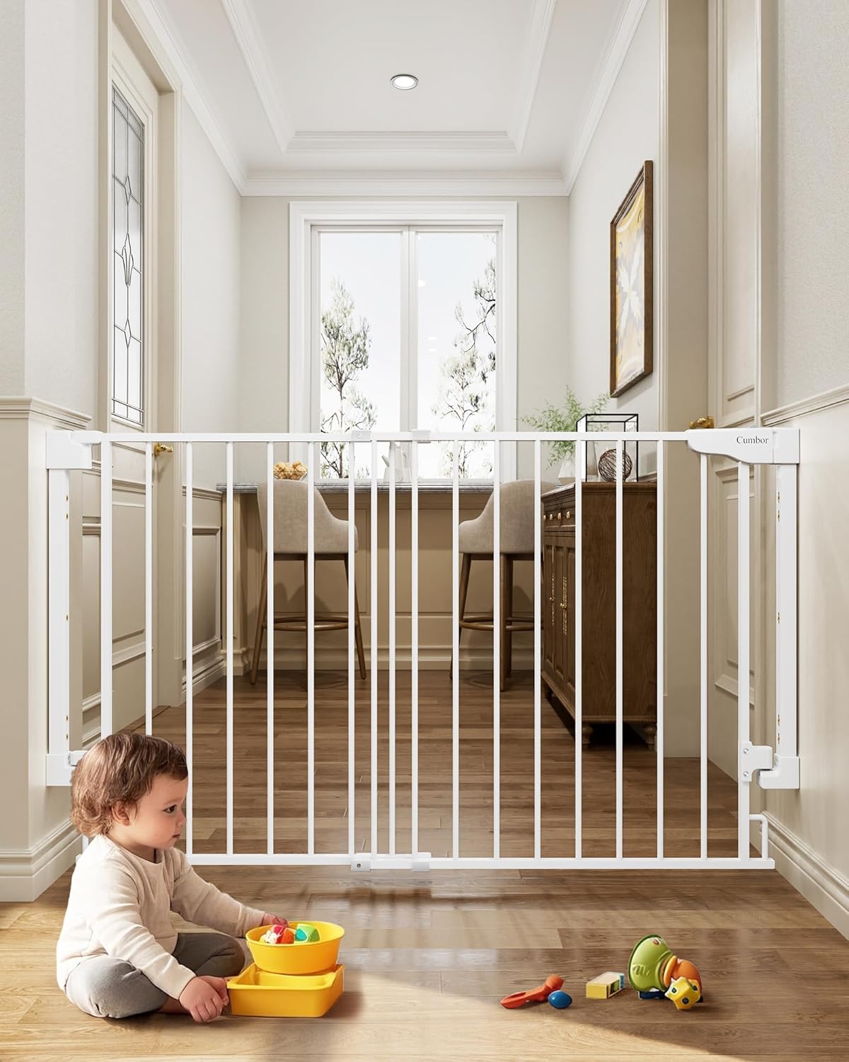 Cumbor | Safety Gate | No Bottom Bar | 28" x 31.6-48" | White - aborderproducts