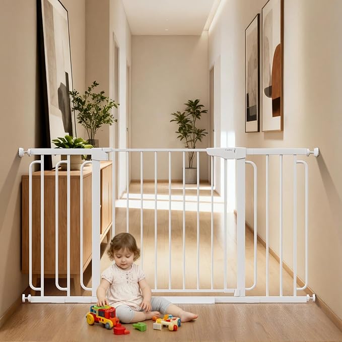 Cumbor 36.6-59" Extra Wide Baby Gate for Stairs, Pressure Mounted Dog Gate for Doorways, Auto-Close Easy Walk Through Safety Child Gate for Kids Toddler, Tall Pet Gates Indoor, White - aborderproducts