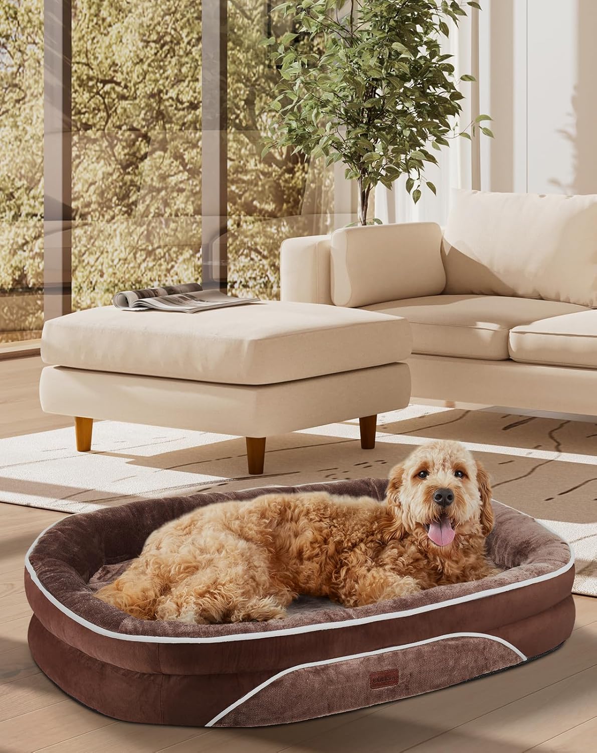 OhGeni Orthopedic Couch Dog Bed | X-Large (42 x 31 x 7 Inch) | Brown - aborderproducts