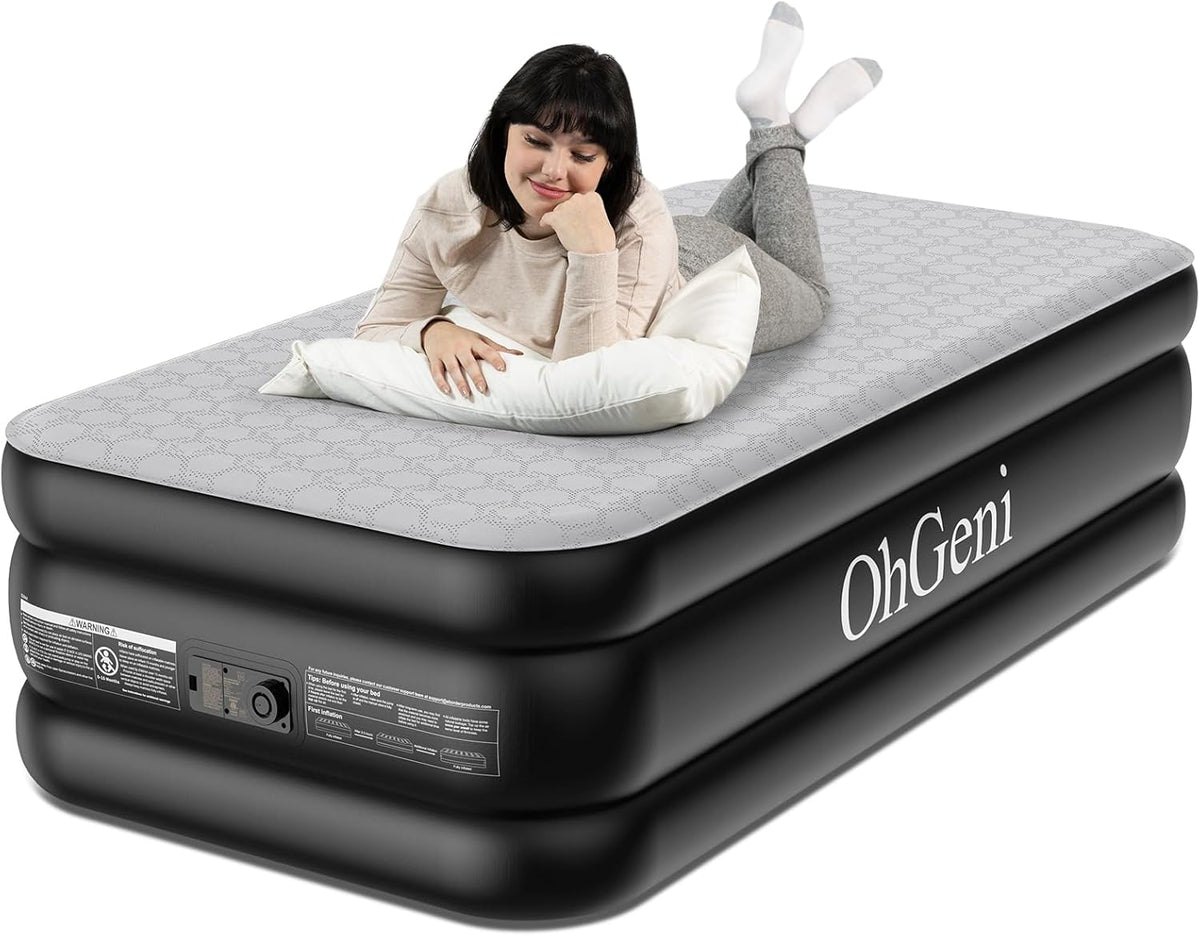 OhGeni | Air Mattress | Silk Foam Topper | 75"L x 39"W x 18"Th | Twin | Black - aborderproducts