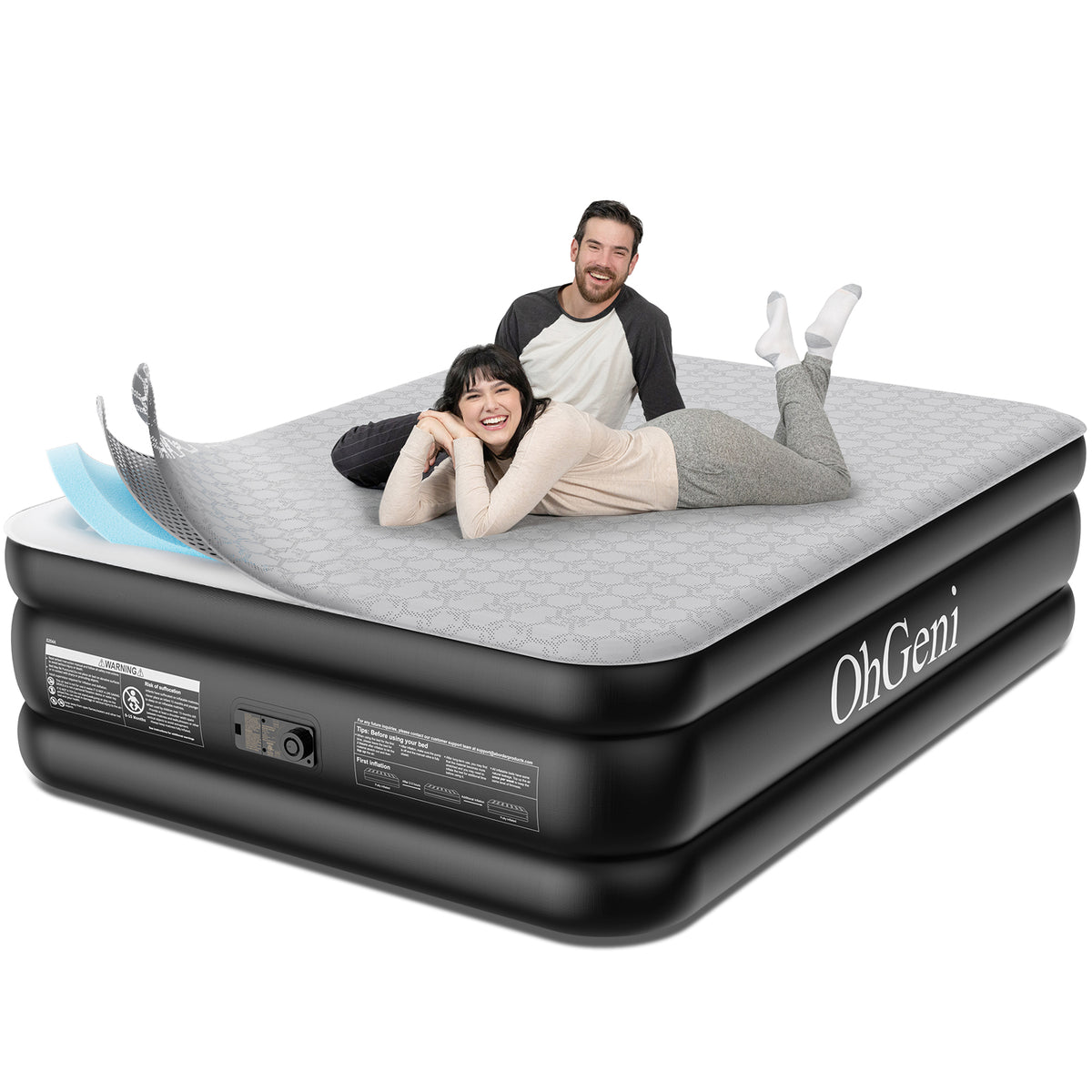 OhGeni | Air Mattress with Silk Foam Topper | Queen | 18" | Black - aborderproducts