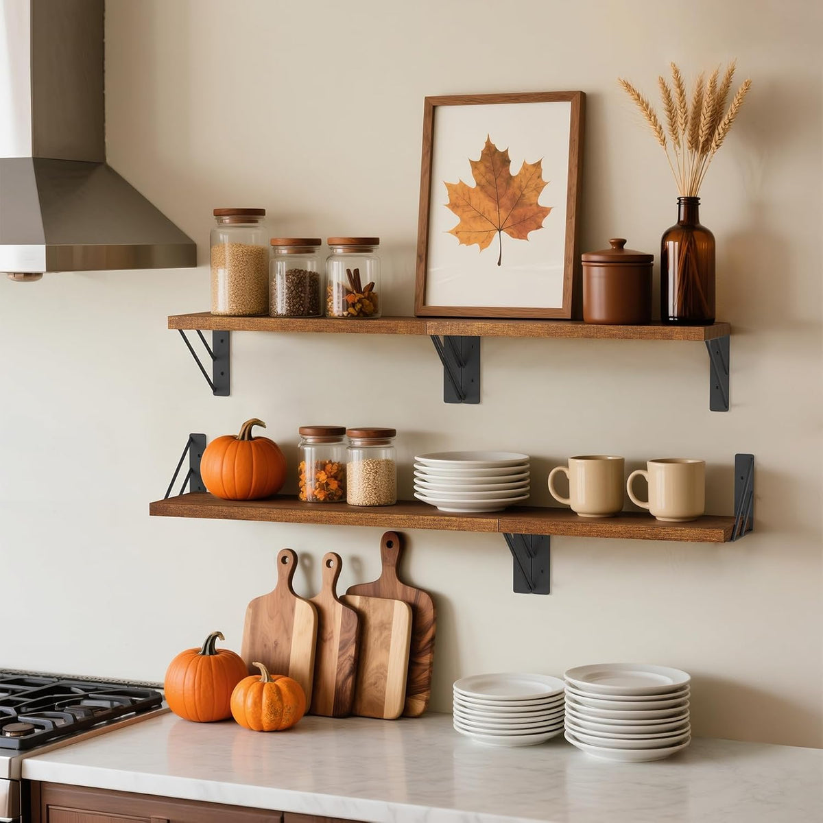 BAYKA Wall Shelves for Bedroom Decor, Floating Wall Shelves for Living Room Kitchen Storage, Wall Mounted Rustic Wood Floating Shelves for Kids Books, Corner Shelf for Bathroom(Rustic Brown,Set of 4) - aborderproducts