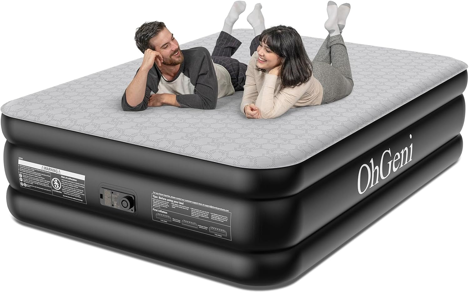 OhGeni | Air Mattress | Silk Foam Topper | 80"L x 60"W x 18"Th | Queen | Black - aborderproducts