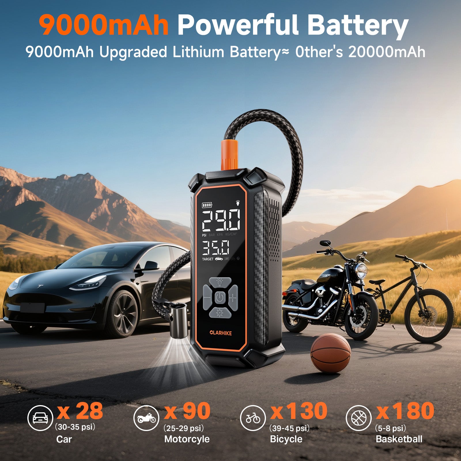 OlarHike Tire Inflator Portable Air Compressor, 9000mAh Battery Powered, 150PSI Dual Mode, Auto Air Pump for Car Tires, Motorcycle, Bicycle,Bike, Electric Pump with LED Light & Digital Pressure Gauge - aborderproducts