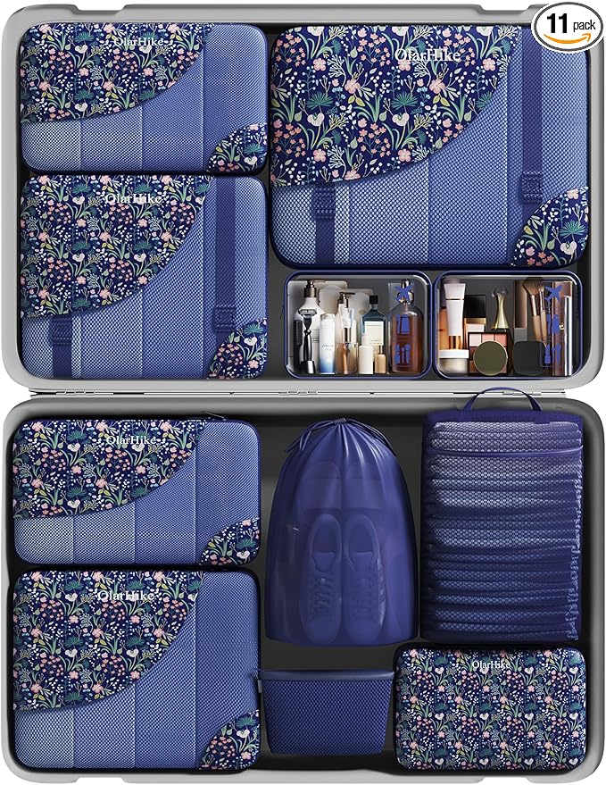 11 Set Packing Cubes for Travel,Gifts for Women Mom Kids,TSA Approved Bags for Makeup,Cosmetic,Toiletry,Suitcase Organizers for Checked Luggage,Cruise Essentials,Airplane Accessories,Dark Blue Floral - aborderproducts