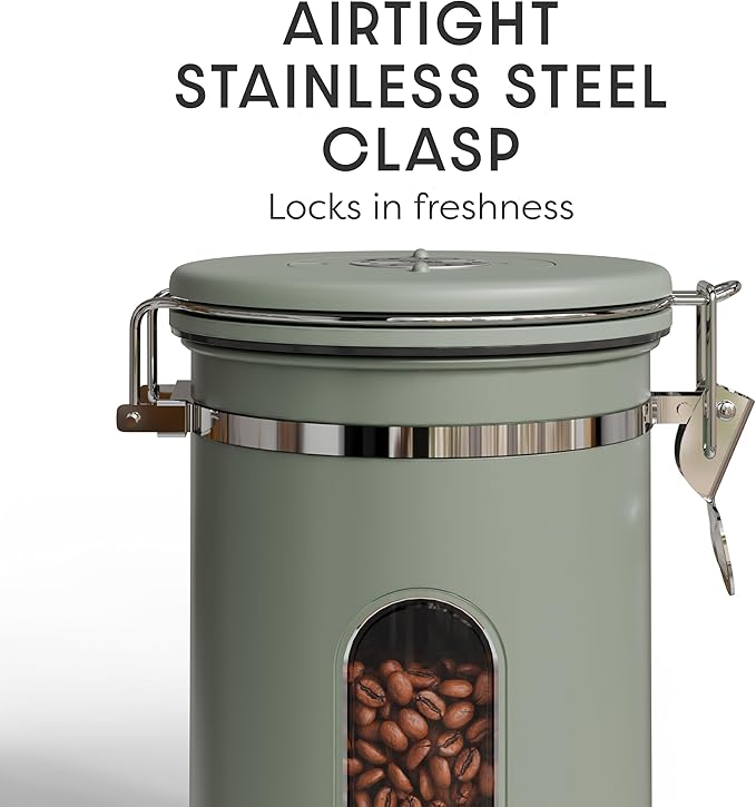 Veken Coffee Canister with Window, Airtight Stainless Steel Kitchen Food Storage Container with Lids, Date Tracker and Scoop for Grounds Coffee, Beans, Tea, Flour, Cereal, Sugar Jars, 22OZ, Green