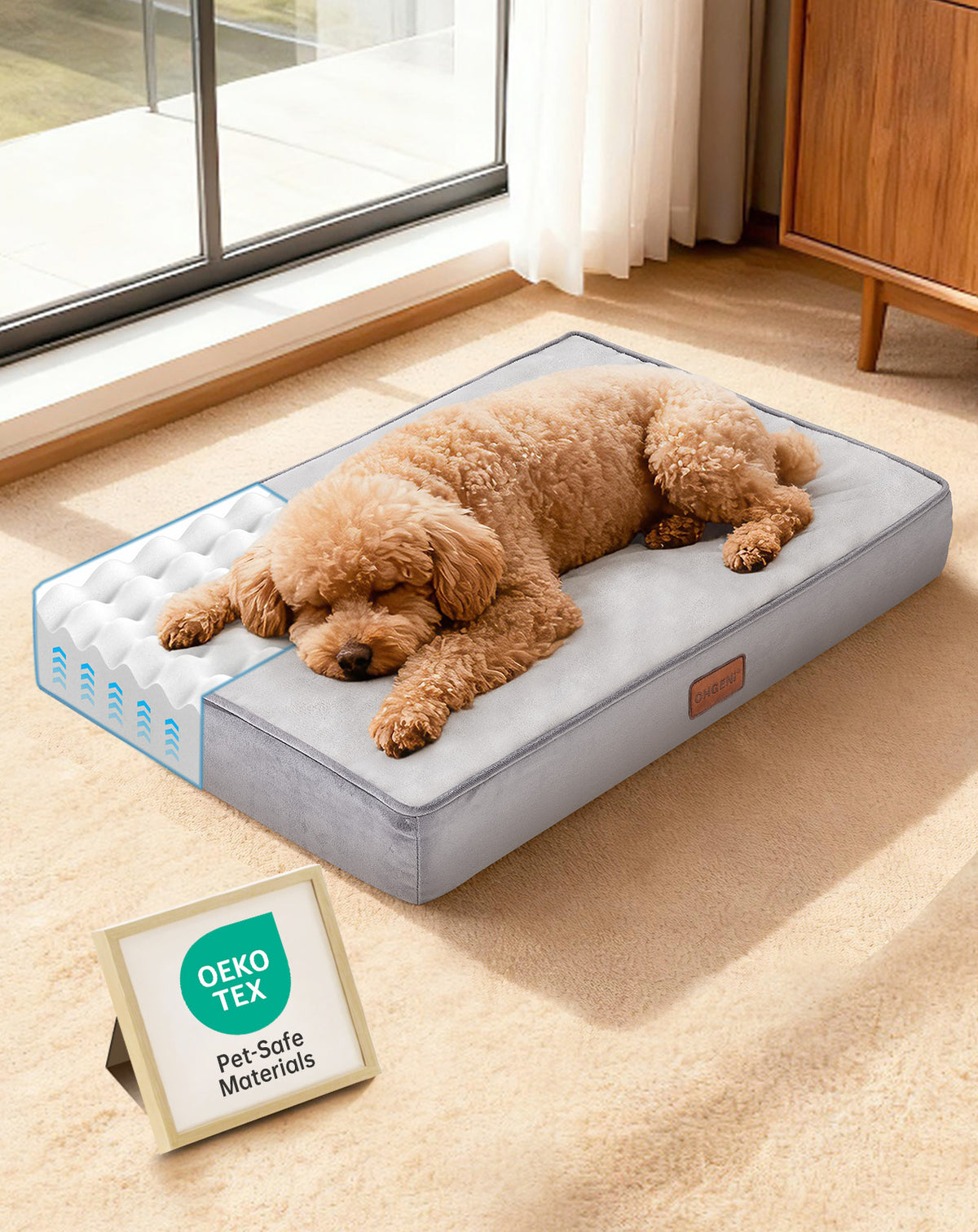 OhGeni Orthopedic Waterproof Bed for Dogs & Cats - Machine Washable Pet Bed with 25D Egg Crate Foam, Non-Slip Bottom & Removable Cover, Gray, 24 inch - aborderproducts