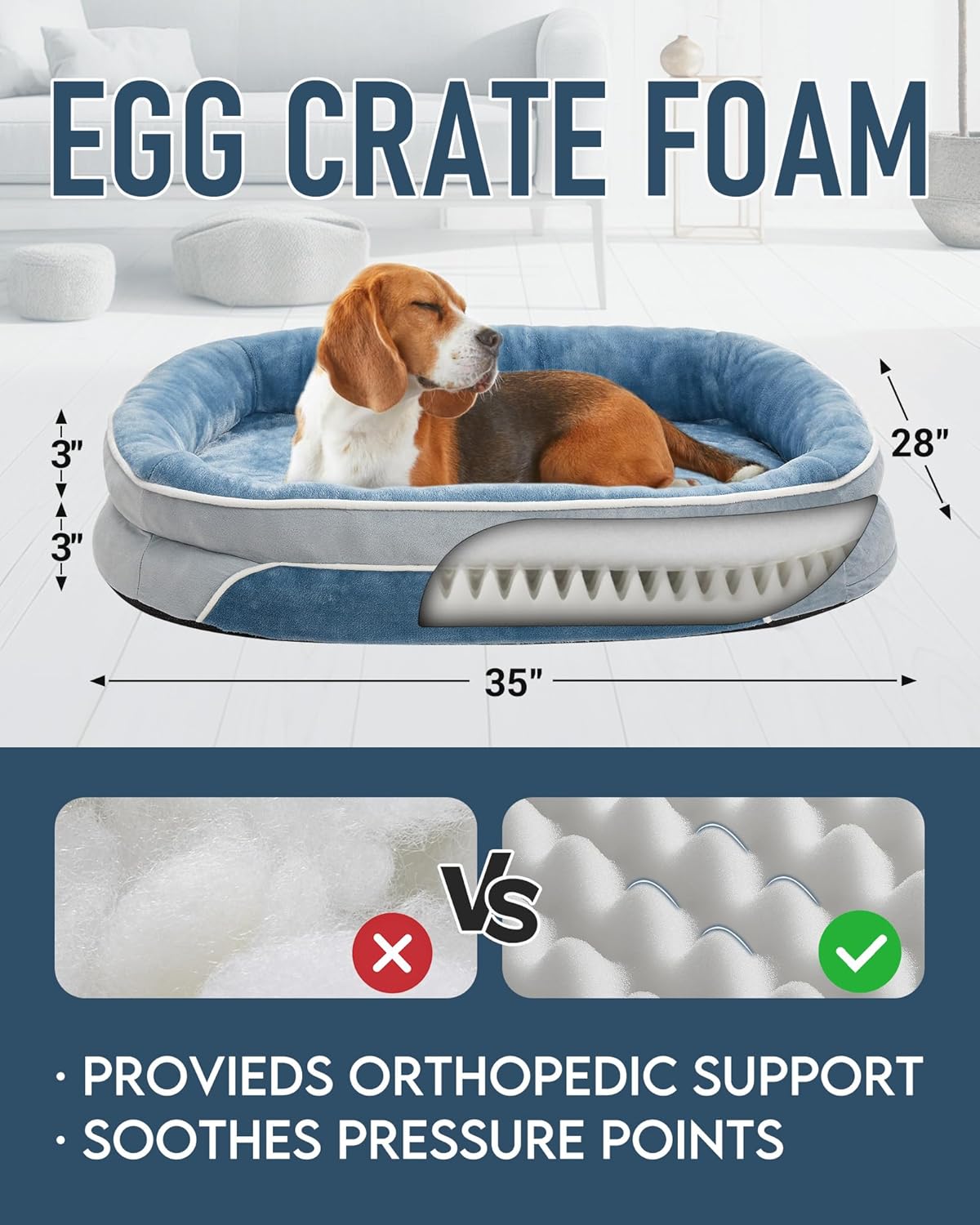 OhGeni | Orthopedic Dog Bed | Large (35 x 28 x 6 Inch) | Washed Blue - aborderproducts