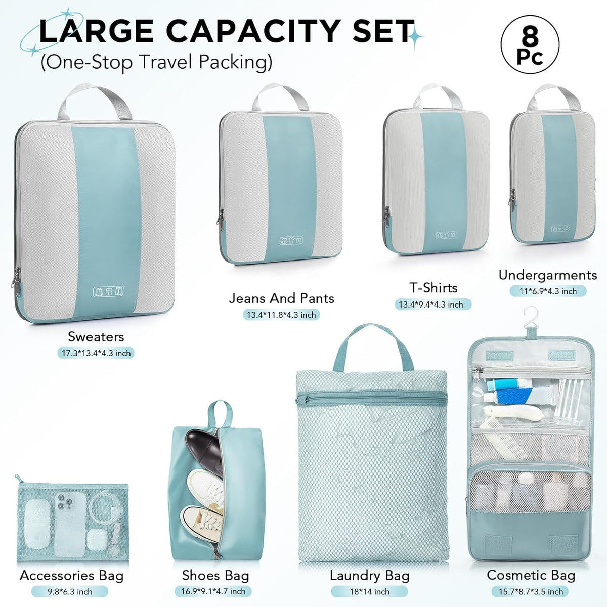 OlarHike | Compression Packing Cubes | 8 Set | Blue Gray - aborderproducts