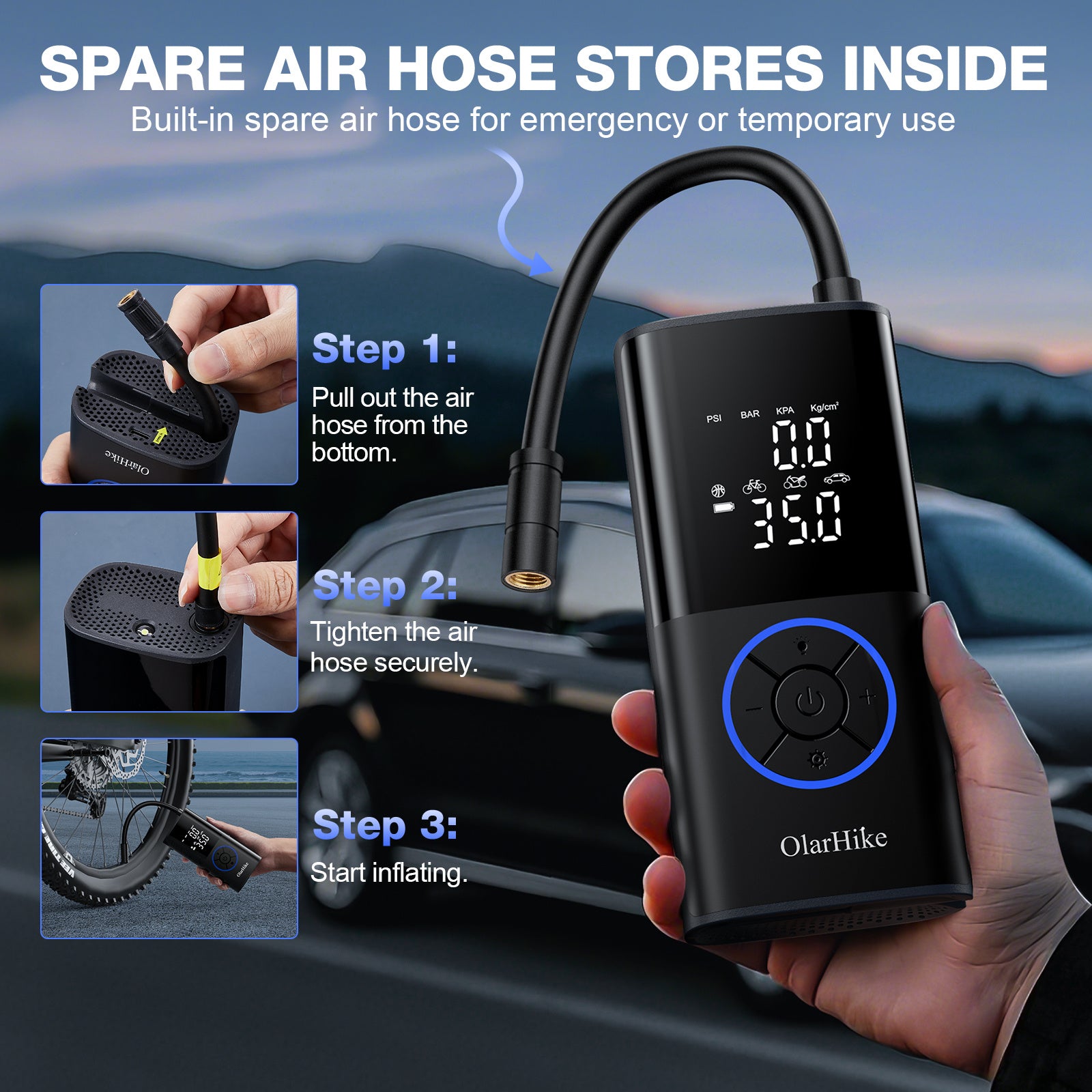 OlarHike Mini Tire Inflator Portable Air Compressor, 5200mAh Battery Powered, 160PSI Auto Air Pump for Car Tires, Motorcycle, Bicycle, Electric Pump with LED Light & Digital Pressure Gauge - aborderproducts