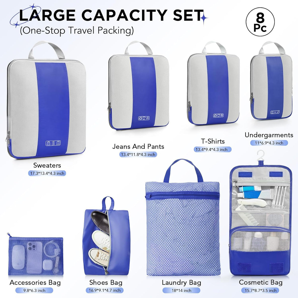 OlarHike | Compression Packing Cubes | 8 Set | Klein Blue - aborderproducts