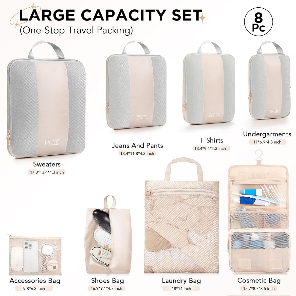 OlarHike | Compression Packing Cubes | 8 Set | Beige - aborderproducts