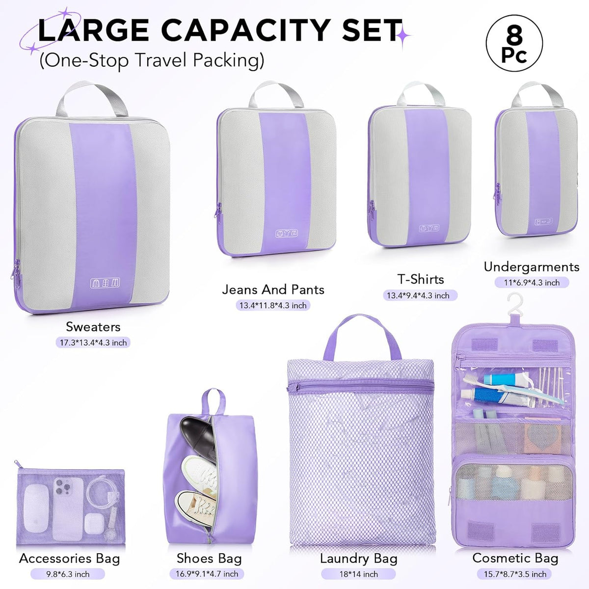 OlarHike | Compression Packing Cubes | 8 Set | Light Purple - aborderproducts