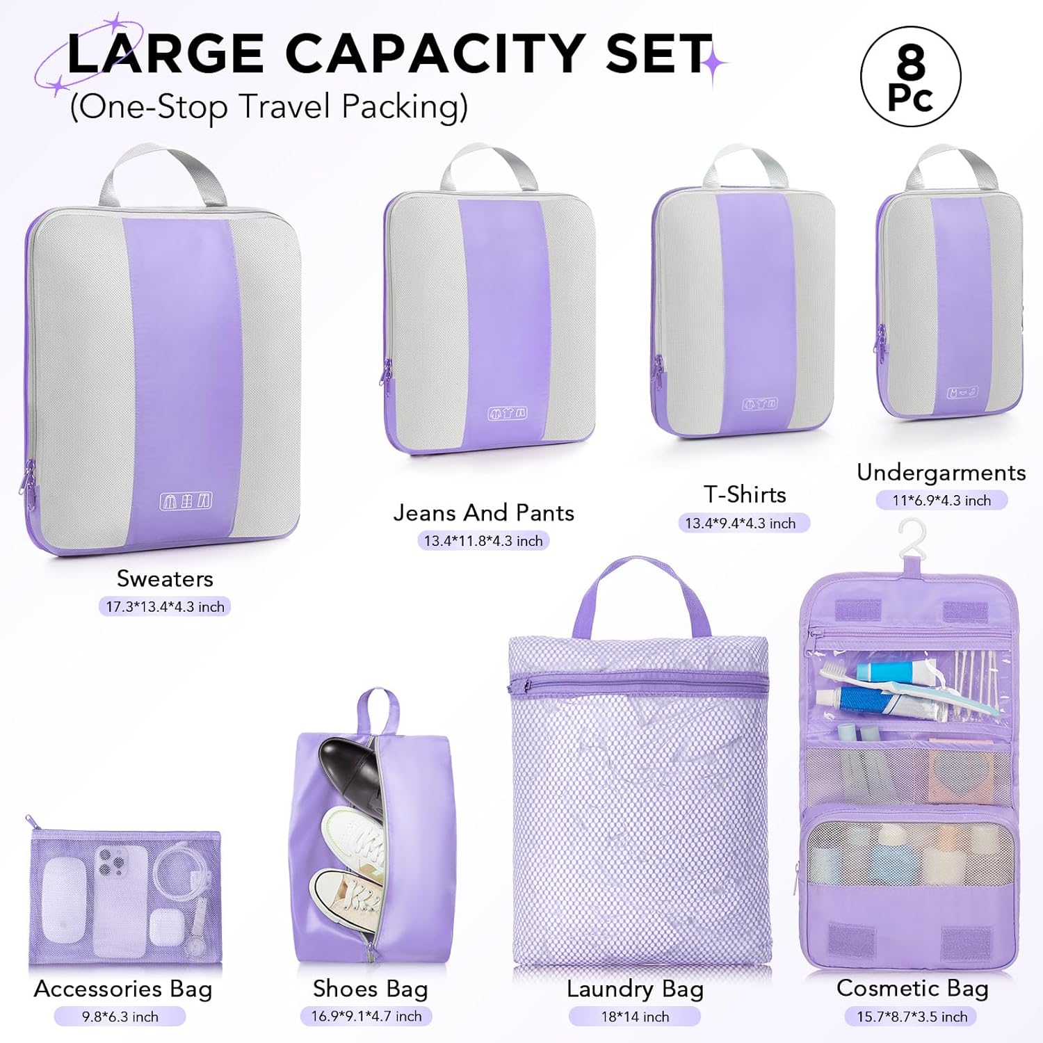 OlarHike | Compression Packing Cubes | 8 Set | Light Purple - aborderproducts