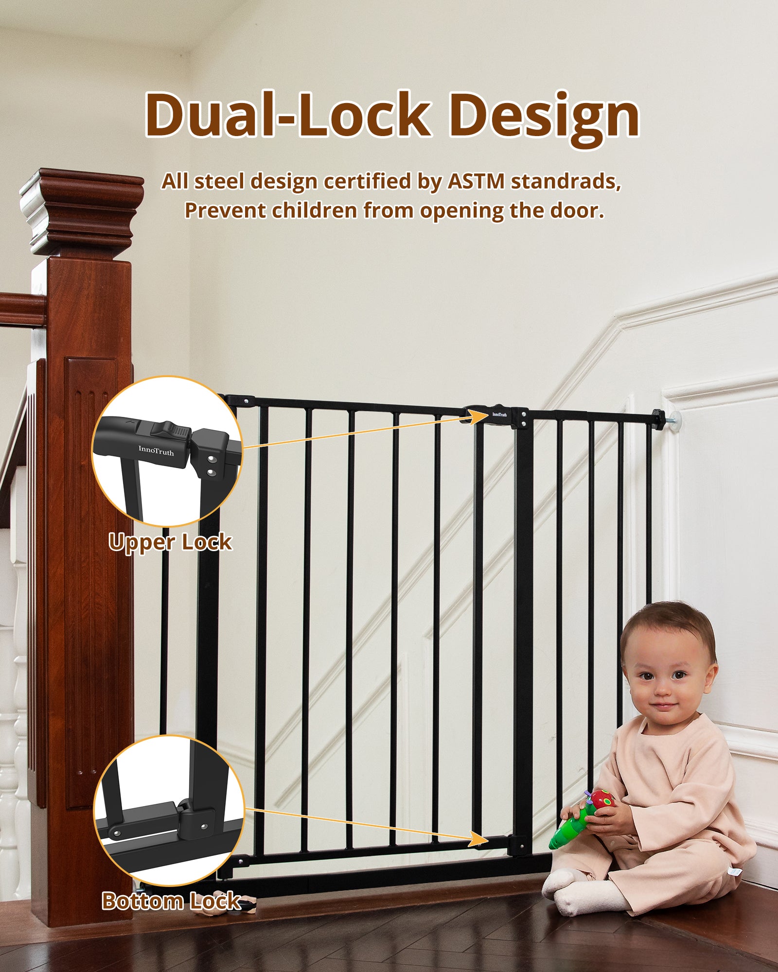 Baby Gate Extra Tall | 28.9” to 42.1” | Black | InnoTruth - aborderproducts