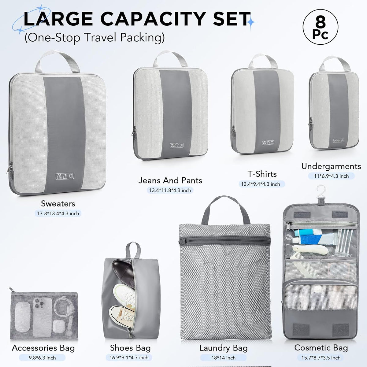 OlarHike | Compression Packing Cubes | 8 Set | Gray - aborderproducts