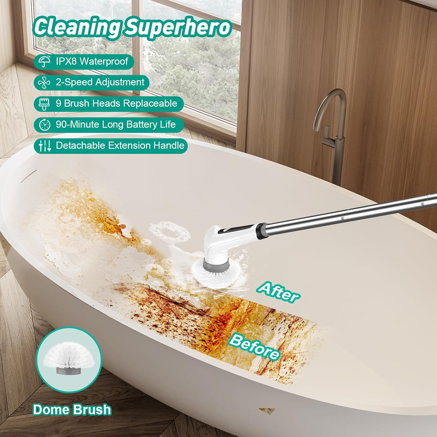 VEKEN ELECTRIC SPIN SCRUBBER, 9 REPLACEABLE BRUSH HEADS| White - aborderproducts