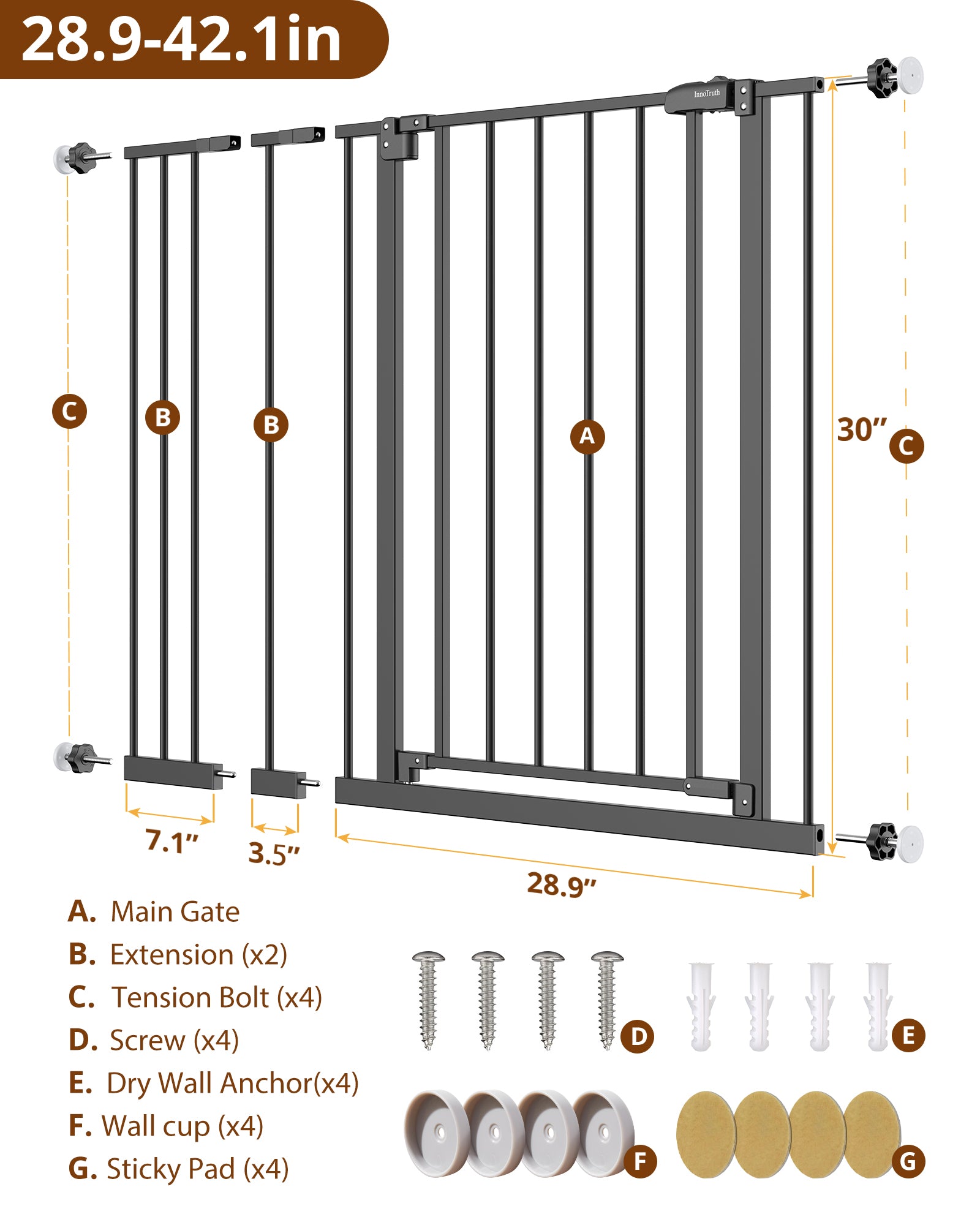 Baby Gate Extra Tall | 28.9” to 42.1” | Black | InnoTruth - aborderproducts