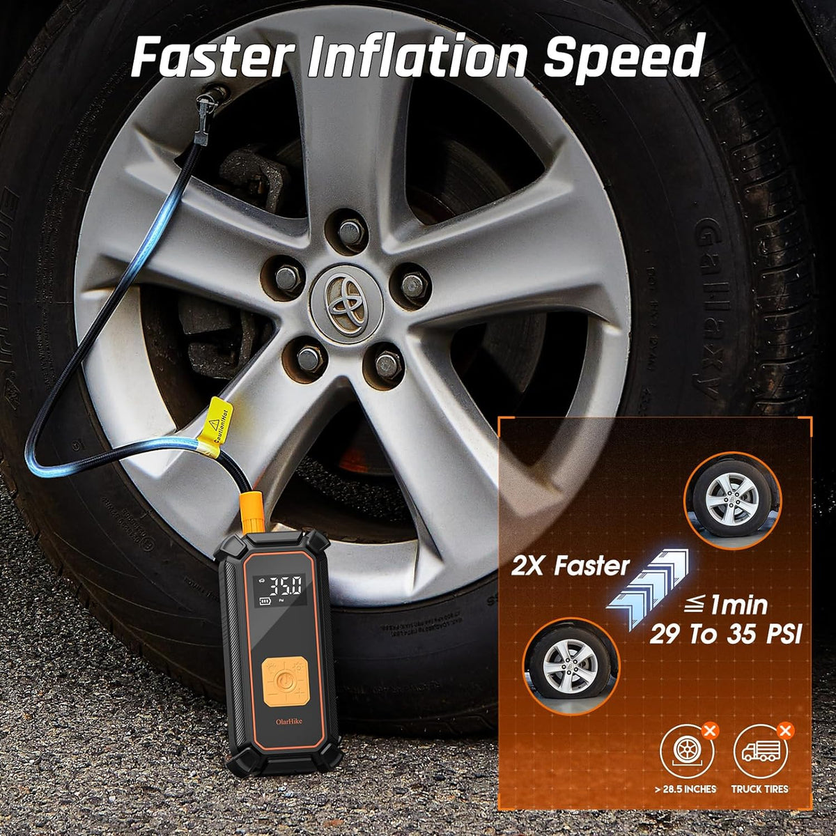 OlarHike Cordless Electric Tire Inflator Portable Air Compressor, Auto Air Pump for Car Tire,SUV,Bicycle, Bike,motorcycle,ball, Tire Inflator with Digital Pressure Gauge, Smart Pump with LED Light, Orange - aborderproducts