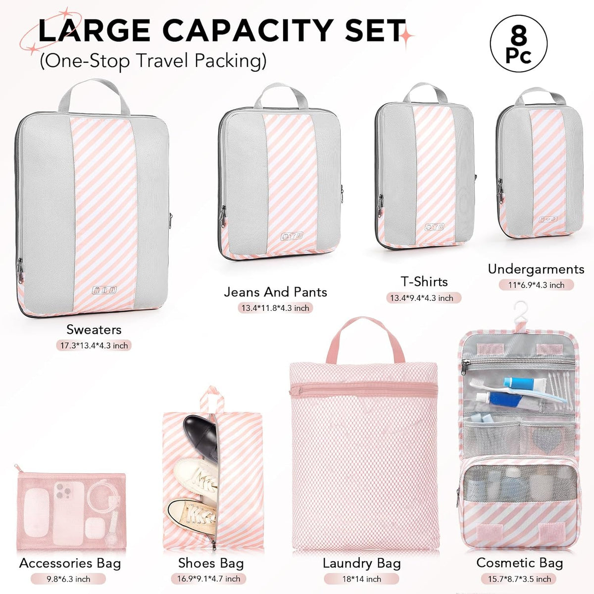 OlarHike | Compression Packing Cubes | 8 Set | Pink Stripped - aborderproducts