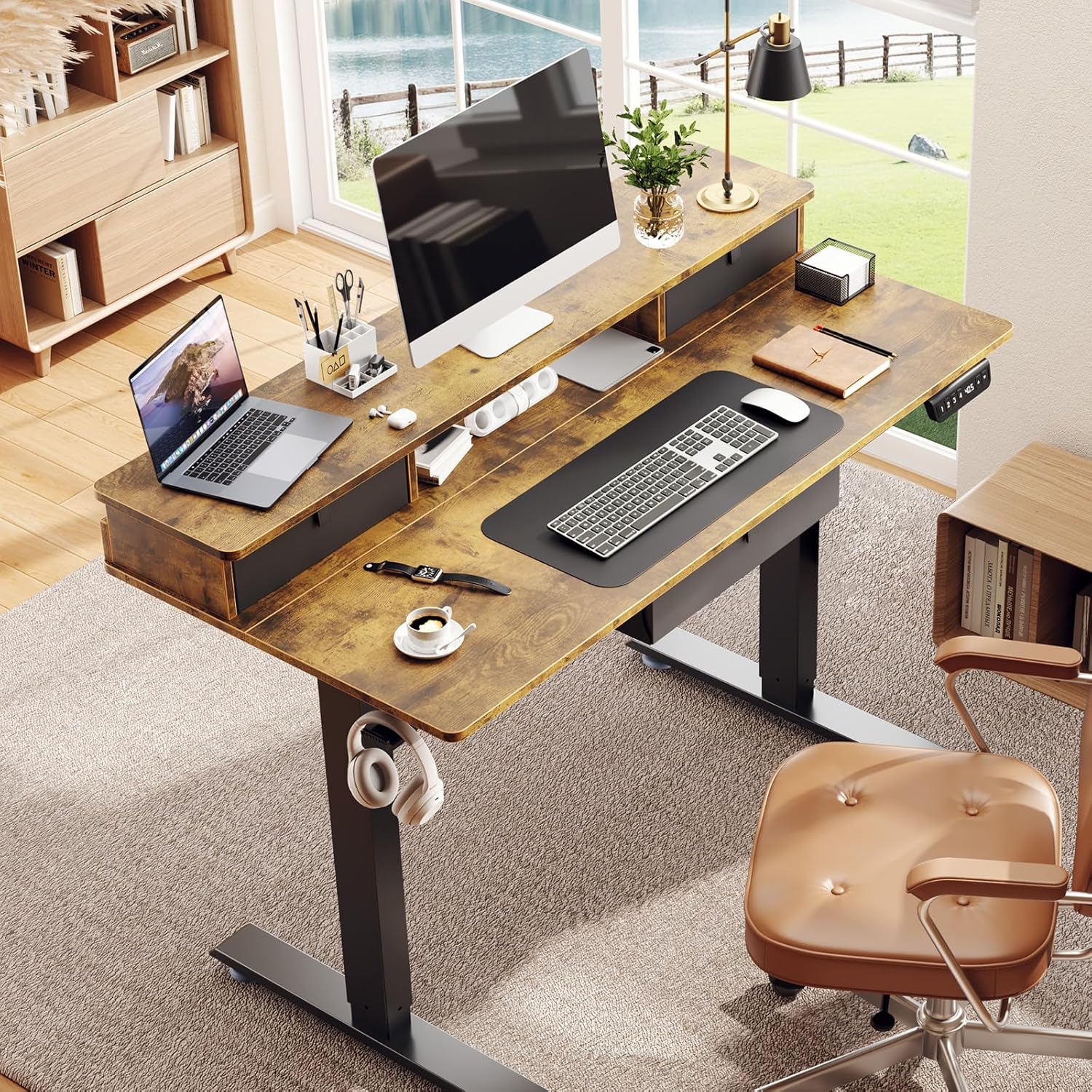 Veken | Standing Desk with 3 Drawers | 47.2 Inch | Brown - aborderproducts