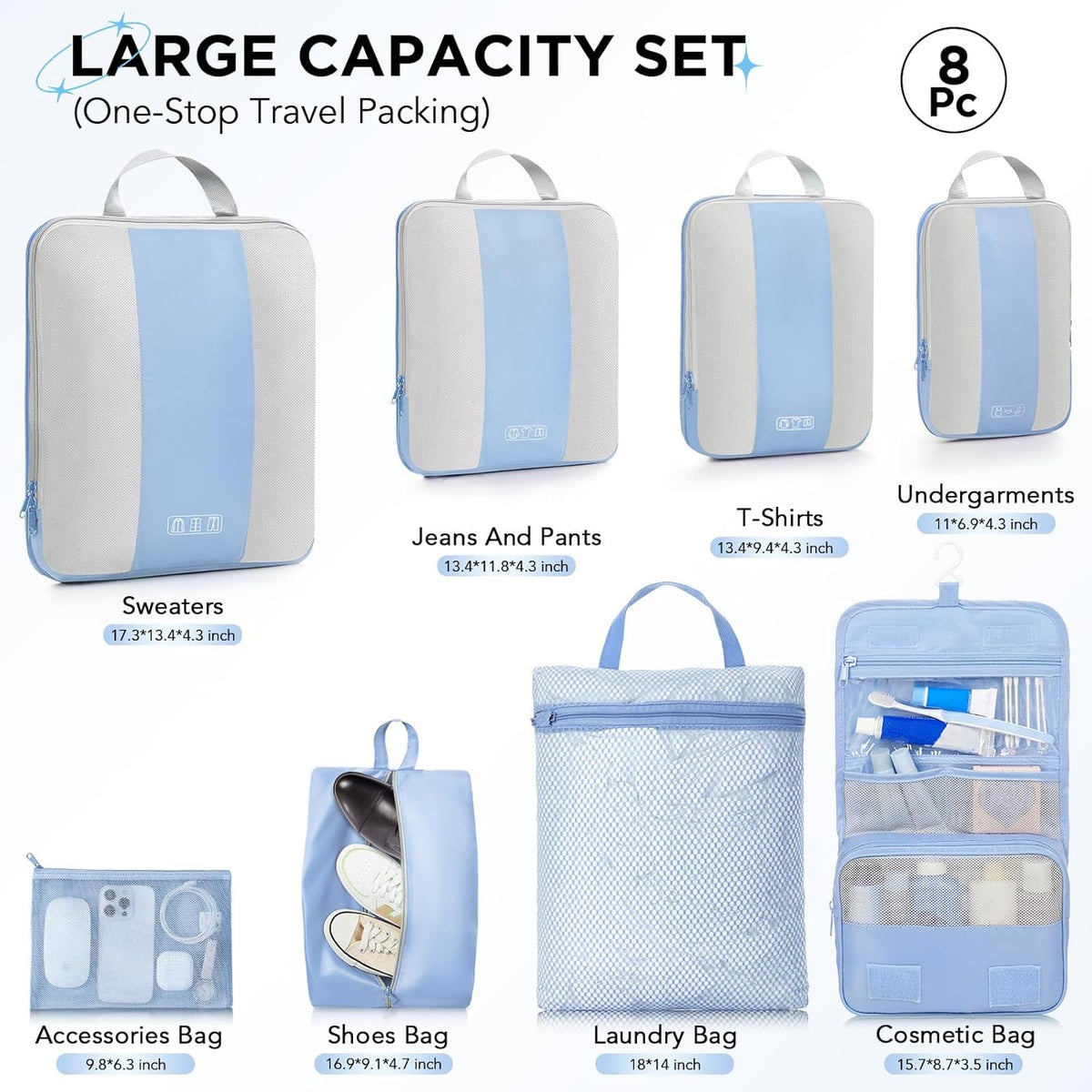 OlarHike | Compression Packing Cubes | 8 Set | Light Blue - aborderproducts