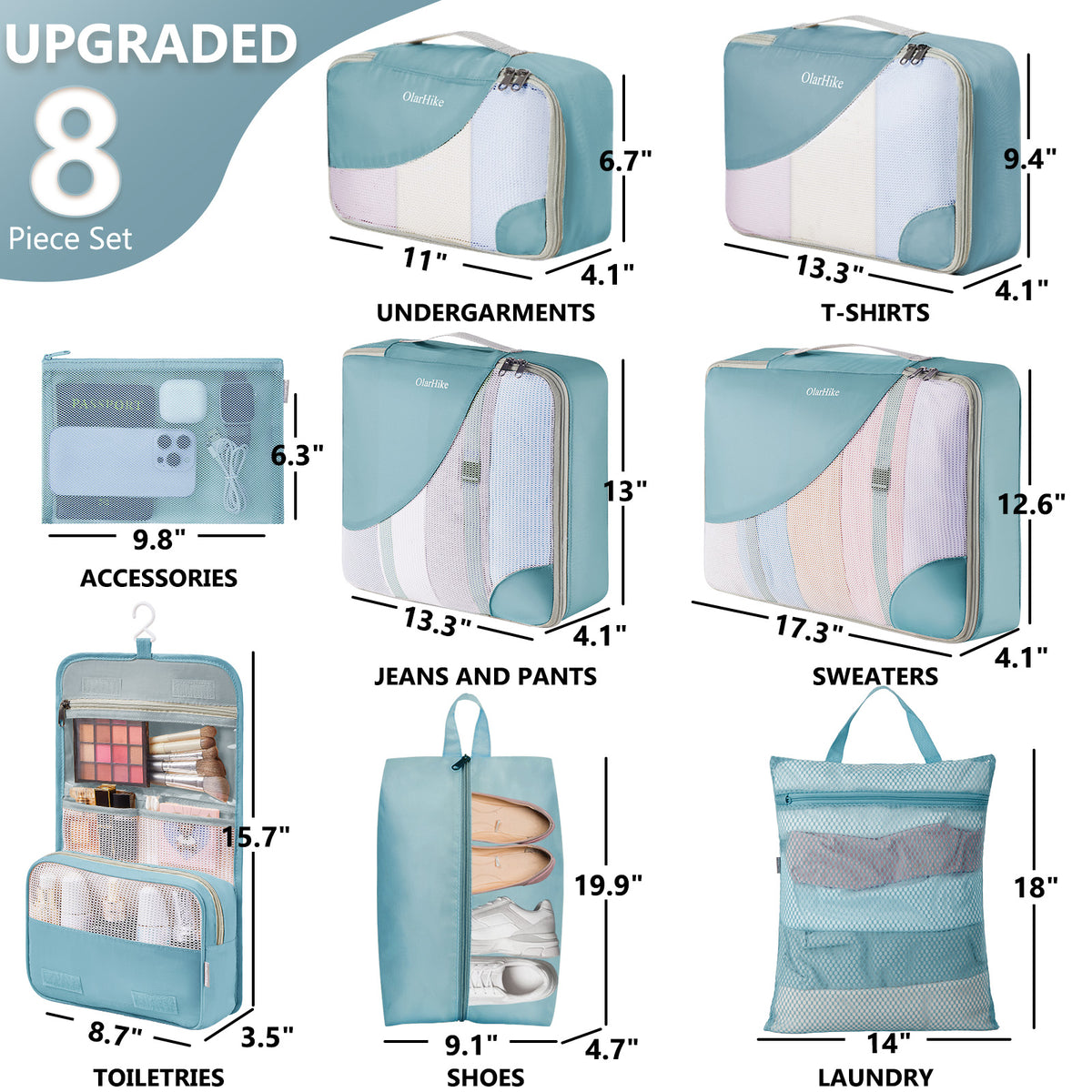 OlarHike | Packing Cubes | 8 Set (Short-Term Trip) | Blue Gray - aborderproducts