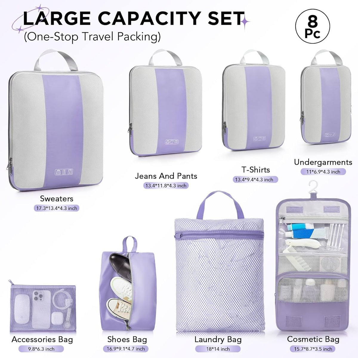 OlarHike | Compression Packing Cubes | 8 Set | Purple Gray - aborderproducts