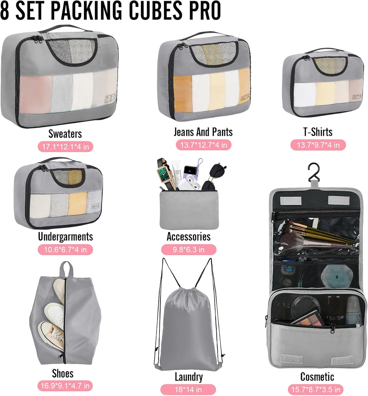 Veken | Packing Cubes | 8 Set | Gray - aborderproducts