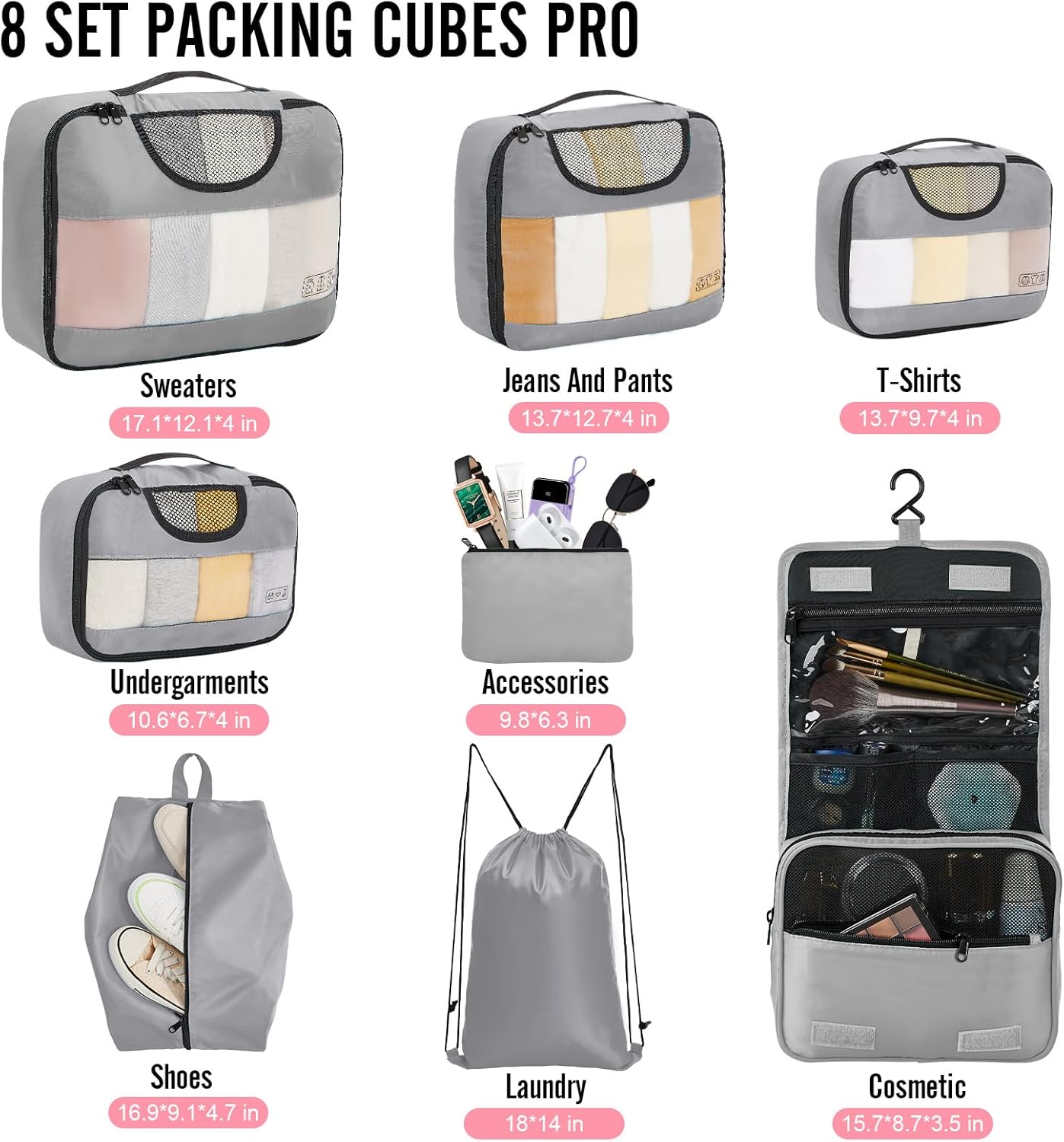Veken | Packing Cubes | 8 Set | Gray - aborderproducts