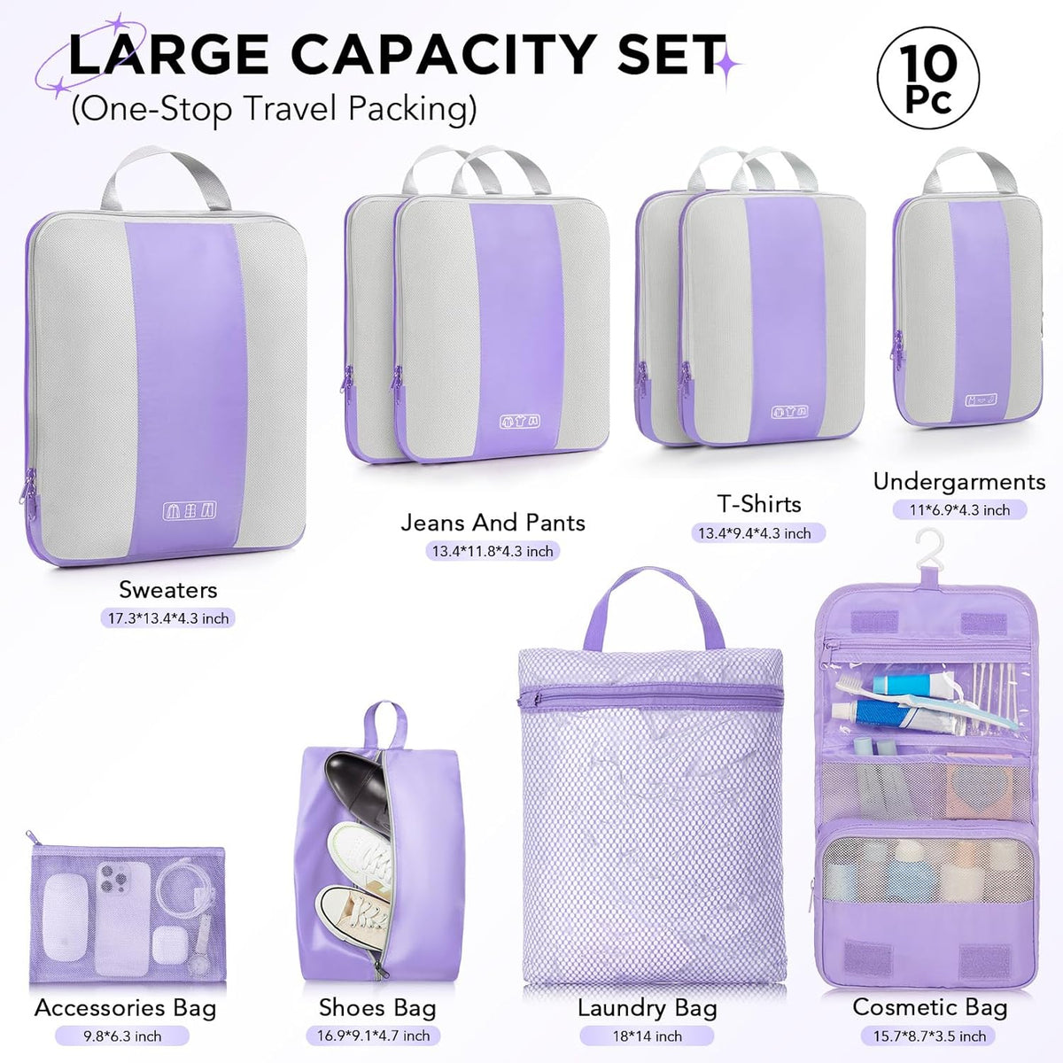 OlarHike | Compression Packing Cubes | 10 Set | Light Purple - aborderproducts