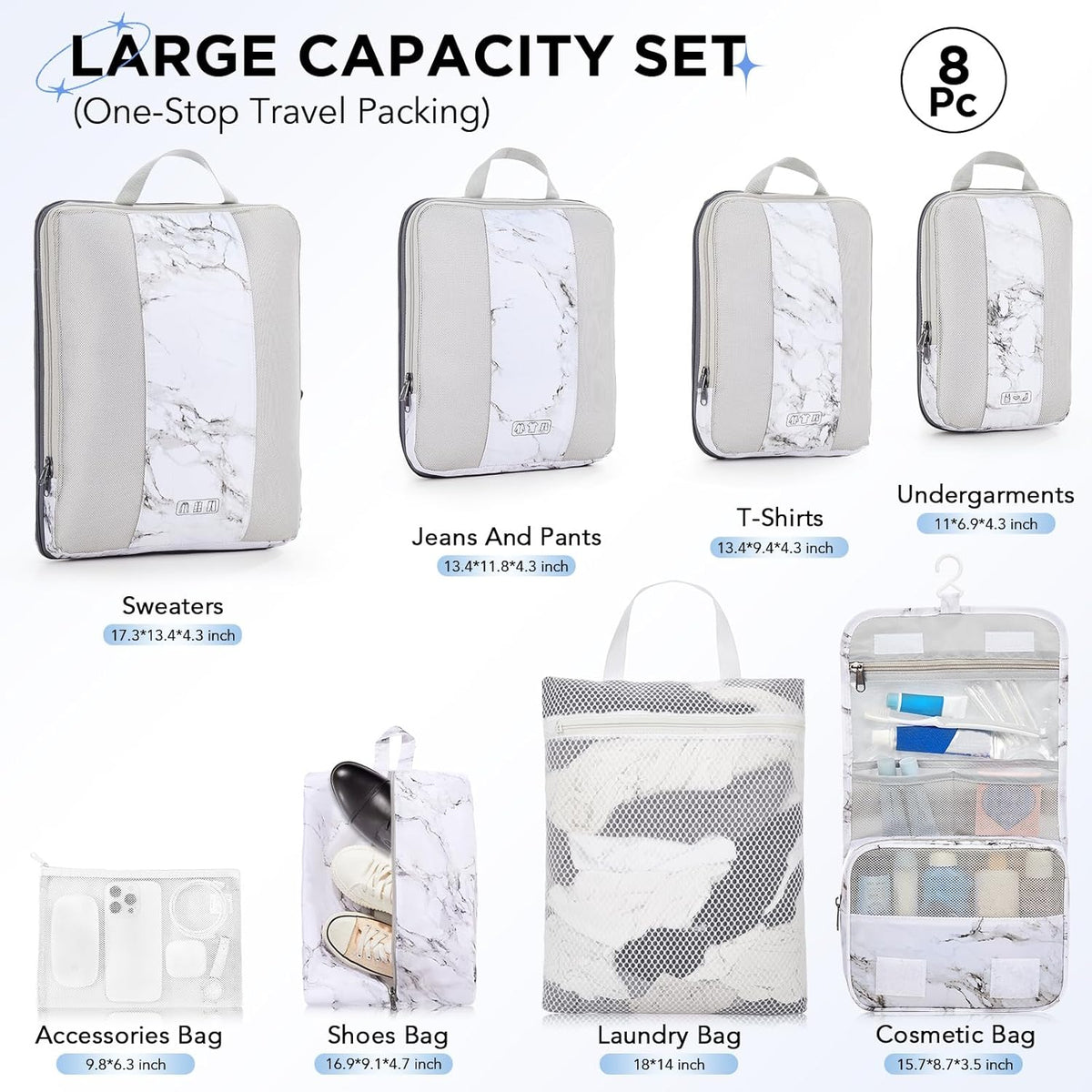 OlarHike | Compression Packing Cubes | 8 Set | White Marble - aborderproducts