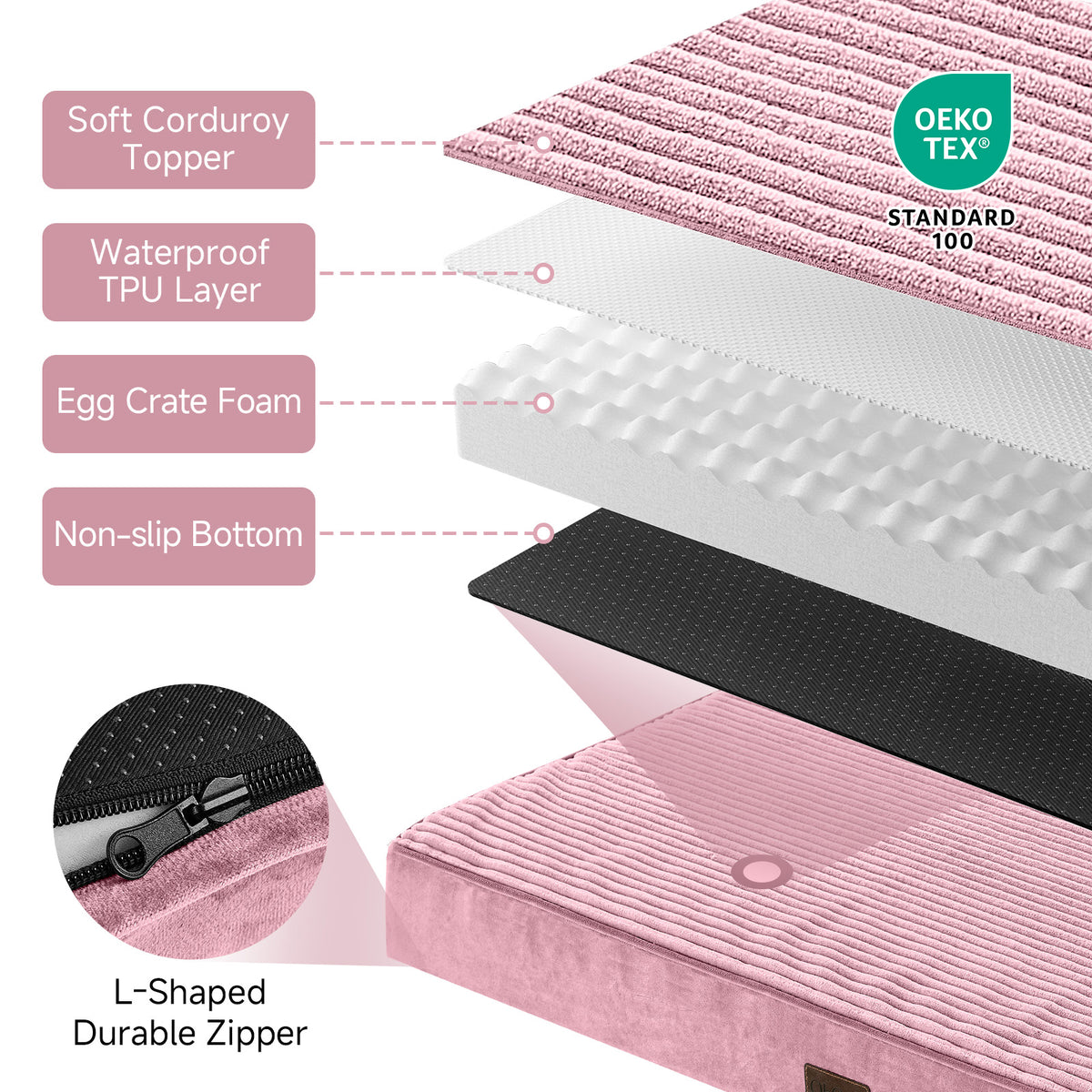 OhGeni | Orthopedic Waterproof & Machine Washable Dog Bed | 44 Inches | Pink - aborderproducts