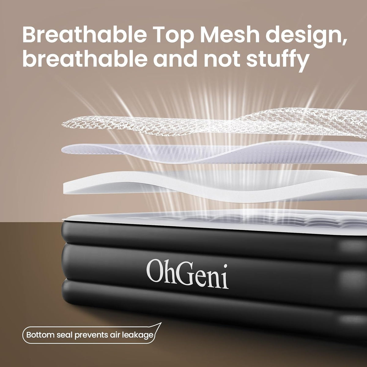 OhGeni | Air Mattress | Silk Foam Topper | 75"L x 39"W x 18"Th | Twin | Black - aborderproducts