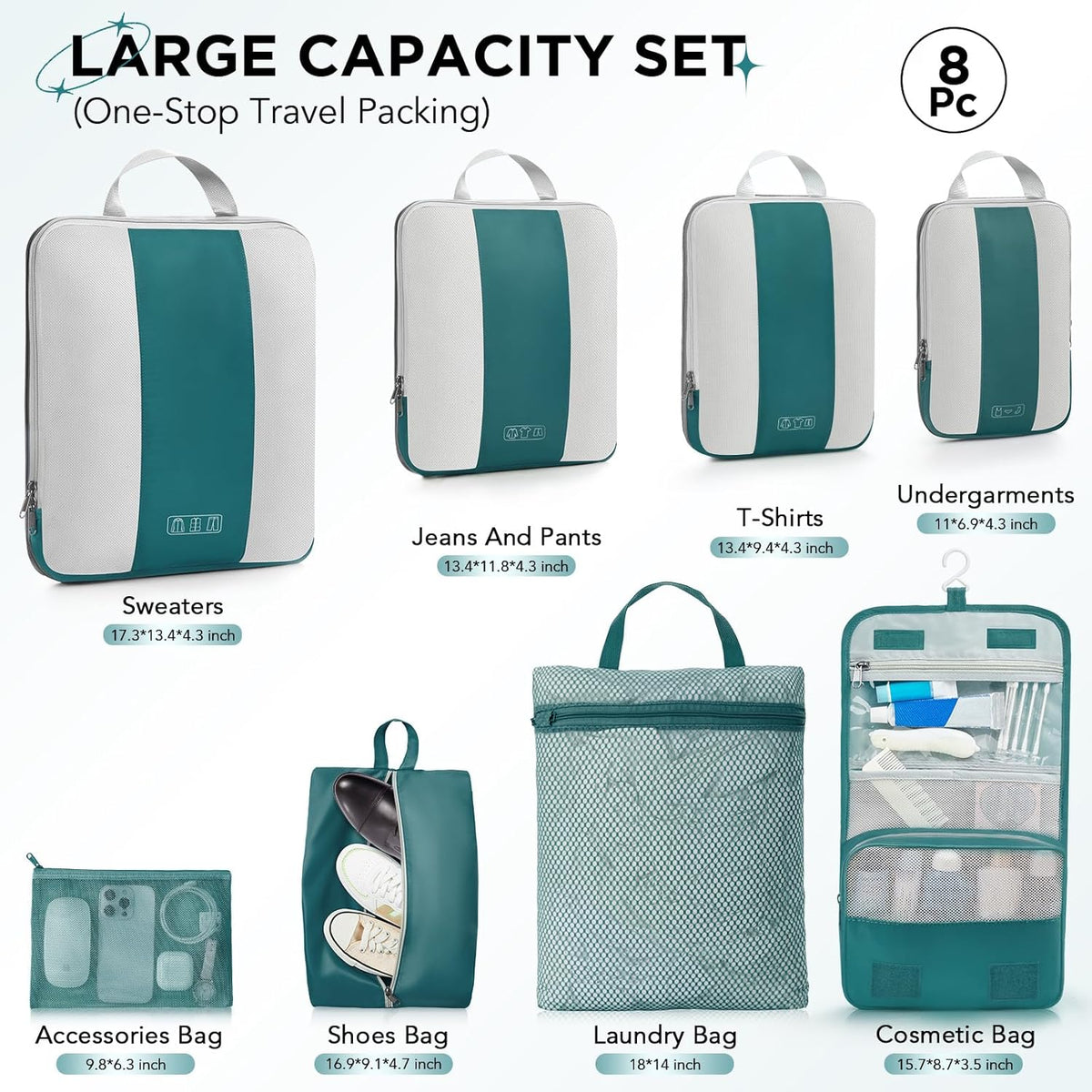 OlarHike | Compression Packing Cubes | 8 Set | Dark Blue Green - aborderproducts