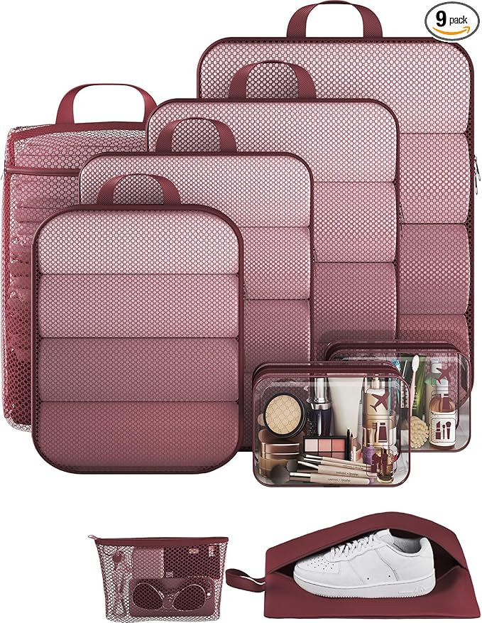 Veken 9 Set Compression Packing Cubes(Wine Red) - aborderproducts