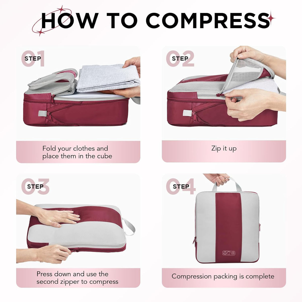OlarHike | Compression Packing Cubes | 8 Set | Wine Red - aborderproducts