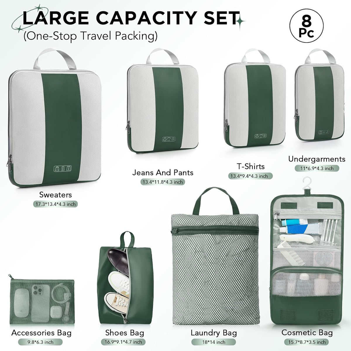 OlarHike | Compression Packing Cubes | 8 Set | Dark Green - aborderproducts