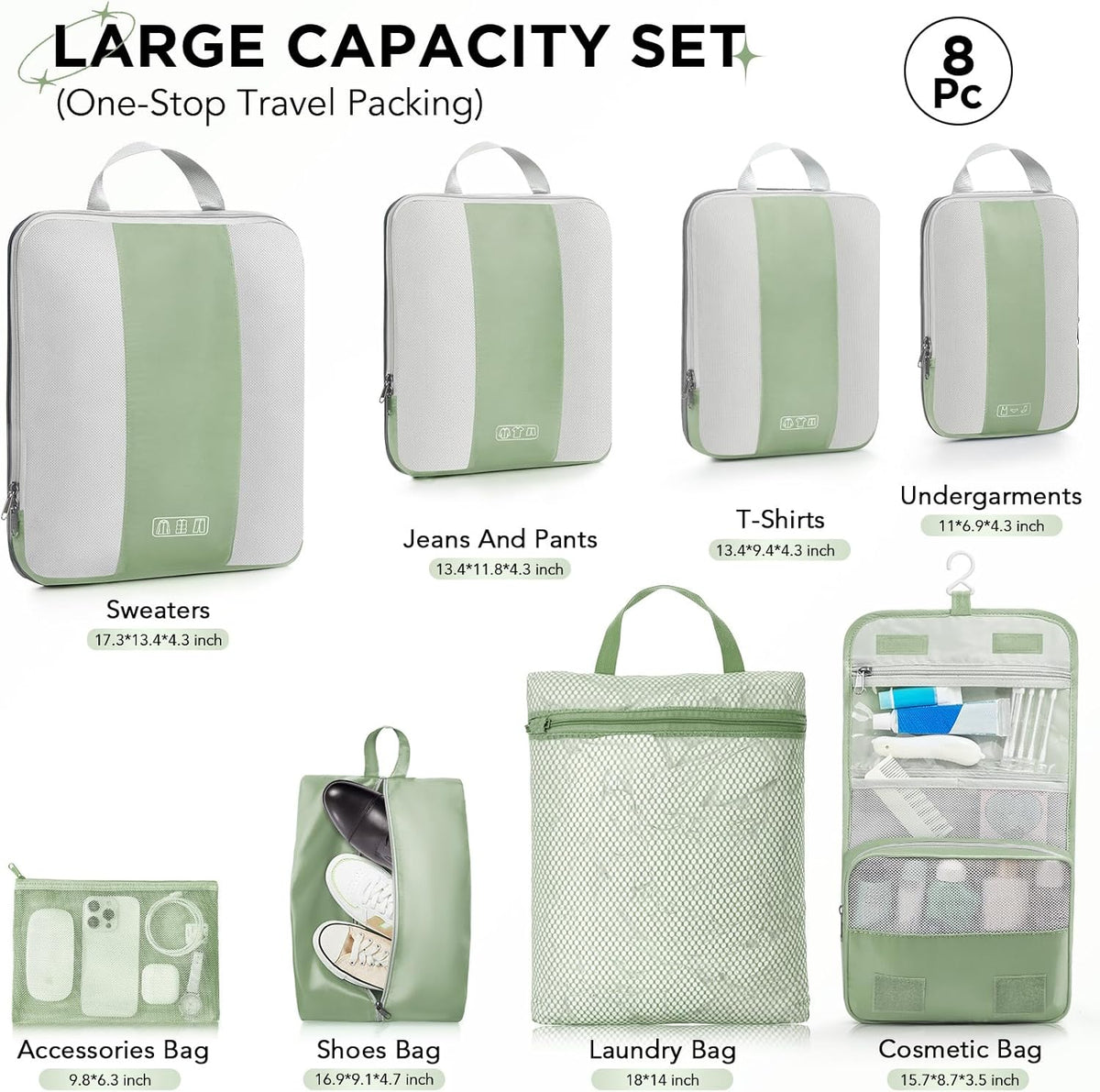 OlarHike | Compression Packing Cubes | 8 Set | Matcha Green - aborderproducts